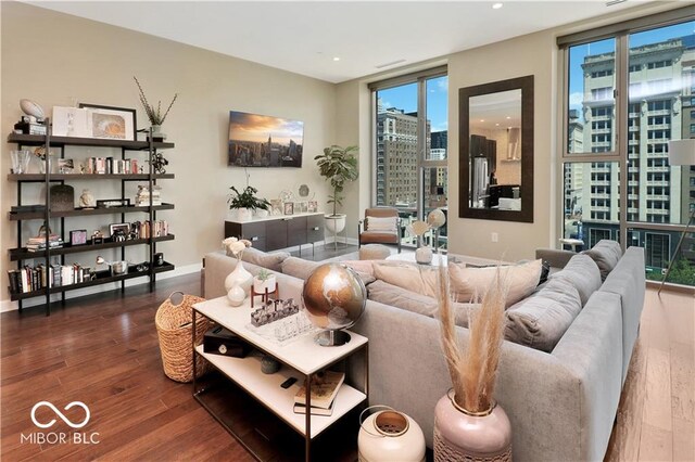 living room with floor to ceiling windows and wood-type flooring