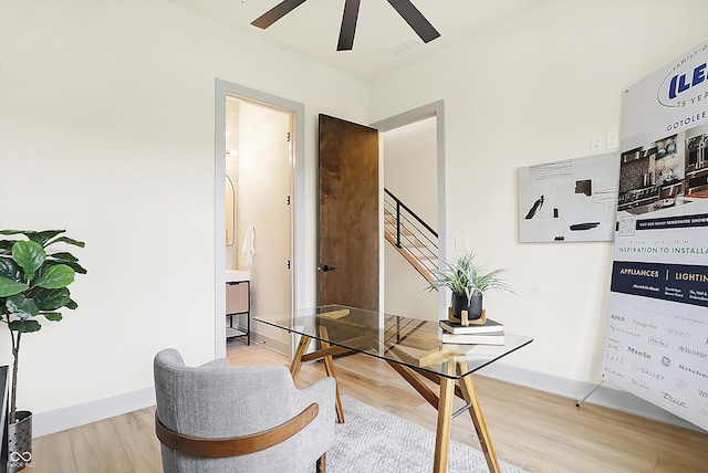 office area featuring hardwood / wood-style floors and ceiling fan