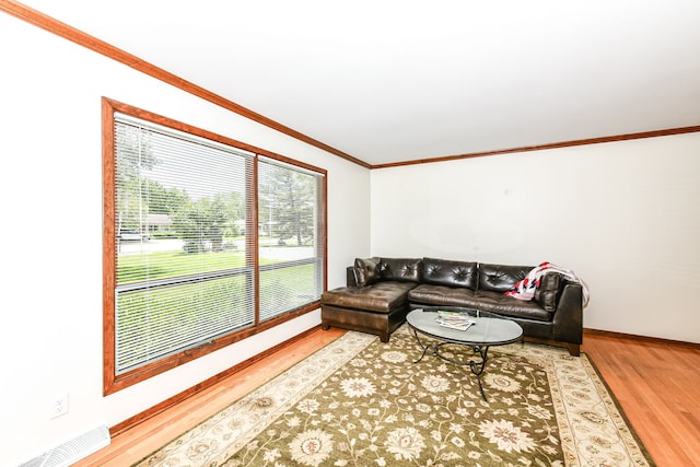 living room featuring crown molding and hardwood / wood-style floors