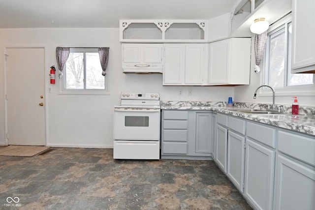 kitchen with light stone counters, white electric range oven, gray cabinets, and sink