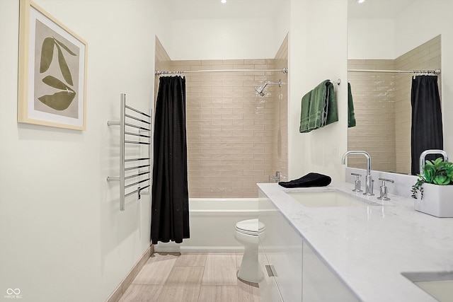 full bathroom featuring shower / bath combination with curtain, toilet, radiator heating unit, and vanity