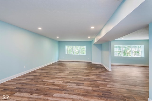 basement with hardwood / wood-style flooring and a wealth of natural light