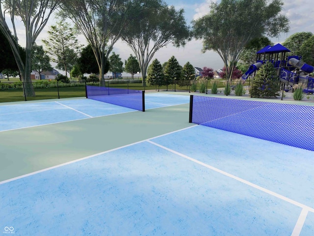 view of sport court with a playground and basketball hoop