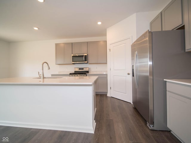 kitchen with dark hardwood / wood-style floors, sink, gray cabinetry, stainless steel appliances, and a center island with sink