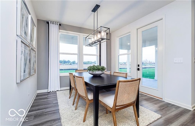 dining area featuring a notable chandelier and dark wood-type flooring