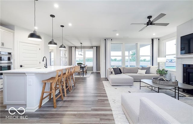 living room featuring ceiling fan, hardwood / wood-style floors, and sink