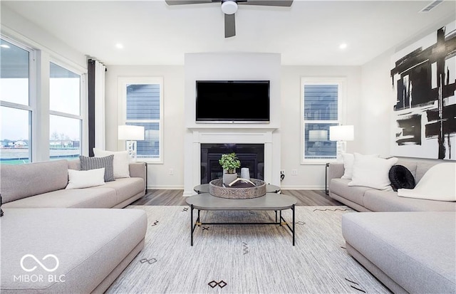 living room with ceiling fan and hardwood / wood-style flooring