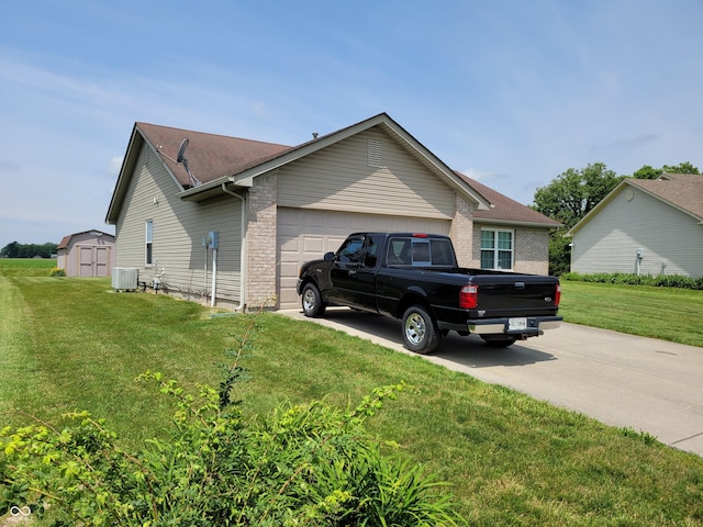 view of property exterior featuring a garage, central AC unit, a storage shed, and a lawn