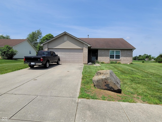 single story home featuring a garage and a front yard