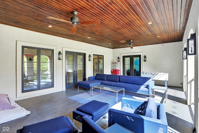 view of patio / terrace featuring outdoor lounge area, french doors, and ceiling fan