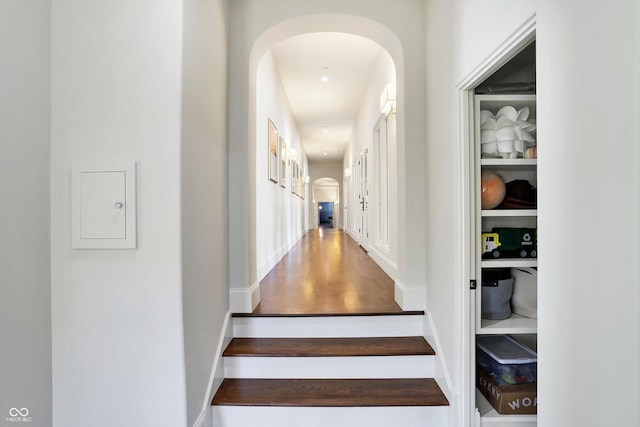 staircase with wood-type flooring and built in shelves