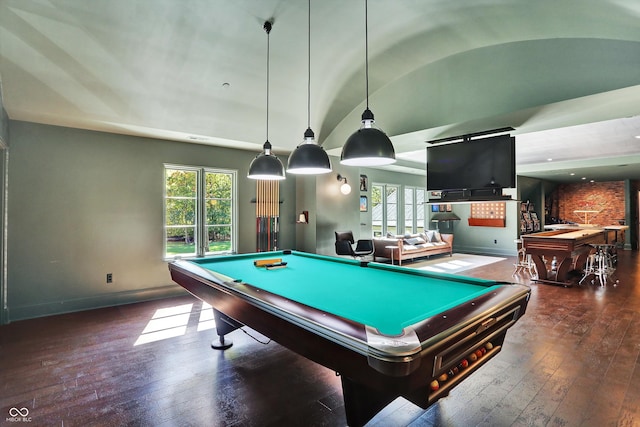 game room featuring lofted ceiling, dark hardwood / wood-style floors, and billiards