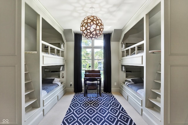 carpeted bedroom featuring ornamental molding