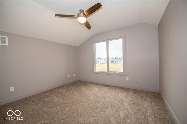 bonus room featuring ceiling fan, carpet floors, and vaulted ceiling