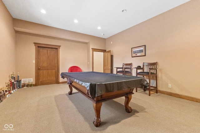 playroom featuring light colored carpet and billiards