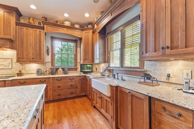 kitchen with decorative backsplash, plenty of natural light, and light hardwood / wood-style flooring