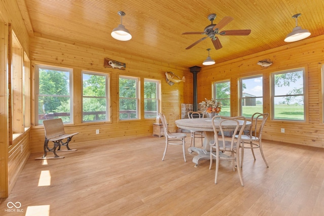 dining room with ceiling fan, a wood stove, wooden ceiling, and light hardwood / wood-style floors