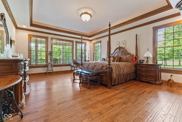 bedroom with light hardwood / wood-style floors, a raised ceiling, and ornamental molding