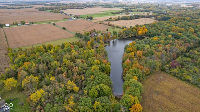 bird's eye view featuring a rural view and a water view