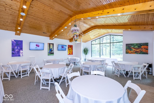 dining space featuring vaulted ceiling with beams, wooden ceiling, and dark carpet