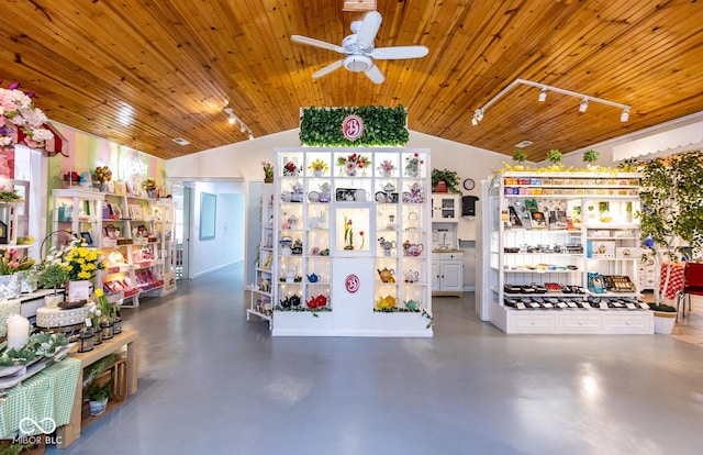 interior space featuring wood ceiling and ceiling fan