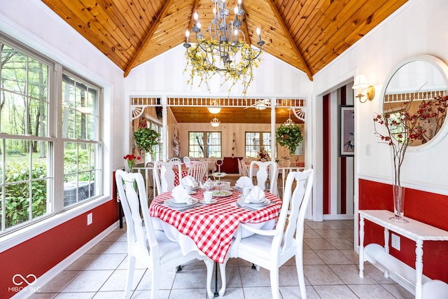 dining room featuring a wealth of natural light, wood ceiling, and light tile patterned floors