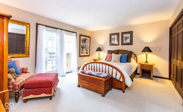 bedroom featuring light colored carpet, access to exterior, and a closet