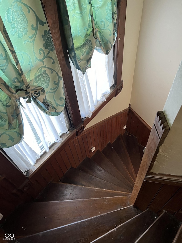 staircase with wooden walls