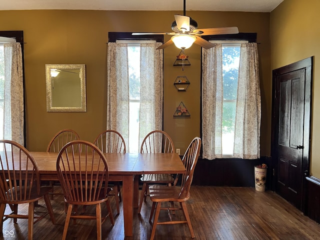 dining space featuring dark hardwood / wood-style flooring, ceiling fan, and plenty of natural light