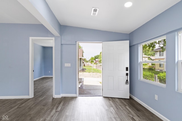 foyer featuring a healthy amount of sunlight, lofted ceiling, and dark wood-type flooring