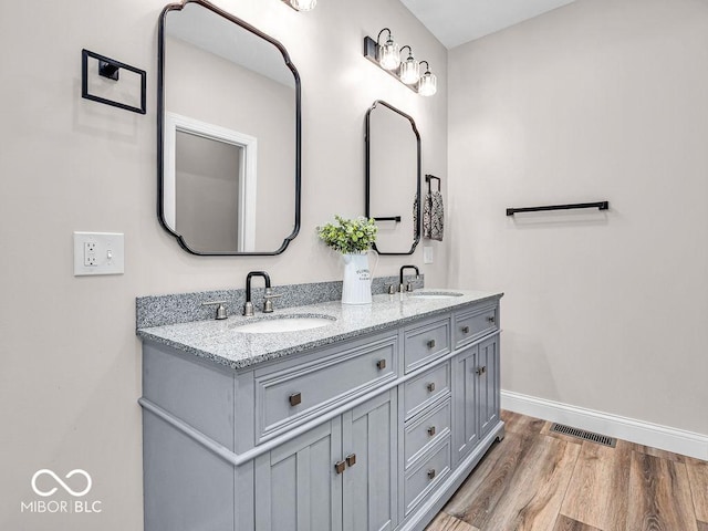 bathroom with wood-type flooring and vanity