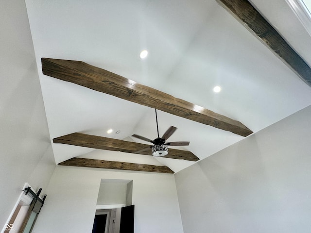 details with beam ceiling and ceiling fan