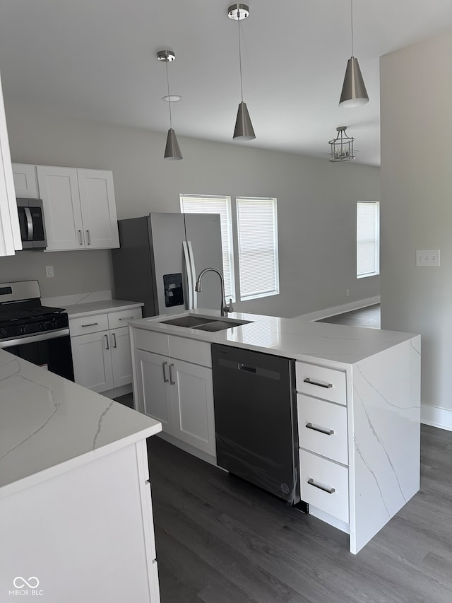 kitchen featuring appliances with stainless steel finishes, sink, a center island with sink, and dark hardwood / wood-style flooring