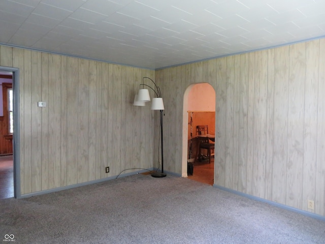 empty room with wooden walls and carpet