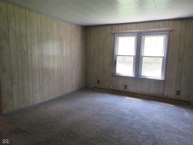 empty room featuring carpet flooring, baseboard heating, and wooden walls