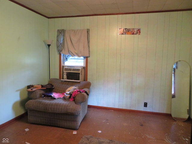 bedroom featuring cooling unit, crown molding, and wood walls