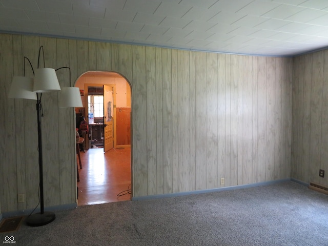 empty room with light carpet and wooden walls