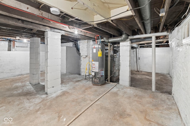 unfinished basement with water heater and heating unit