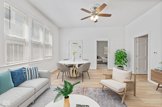 249 N Beville Ave, Indianapolis, IN 46201 - living room featuring baseboards, ceiling fan, and light wood-type flooring