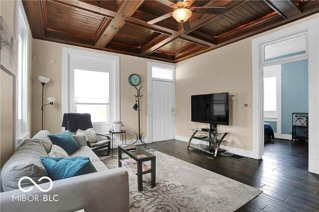 living room featuring coffered ceiling, ceiling fan, wood ceiling, and dark wood-type flooring