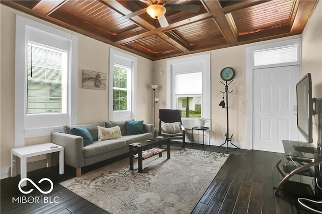 living room with wooden ceiling, coffered ceiling, ceiling fan, and dark wood-type flooring