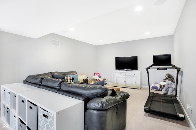 living room featuring light carpet, baseboards, visible vents, and recessed lighting