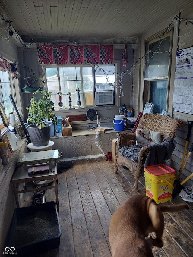 sunroom / solarium with wood ceiling and cooling unit