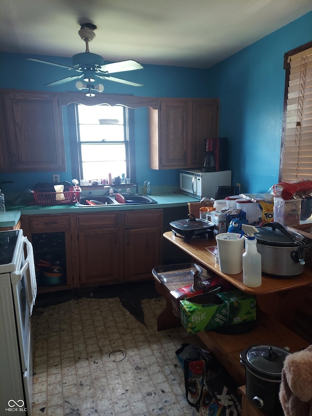 kitchen with sink, white appliances, and ceiling fan