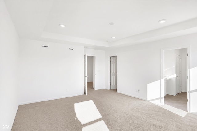 empty room with a tray ceiling and light carpet