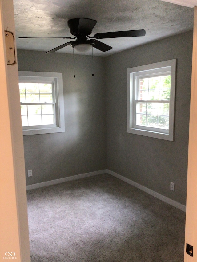 empty room with ceiling fan, plenty of natural light, and carpet