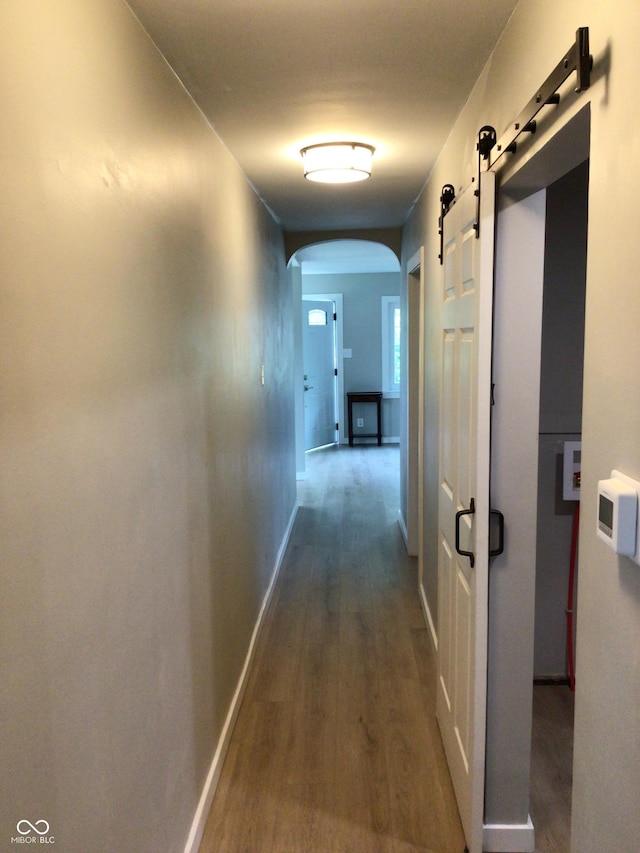 corridor with a barn door and dark hardwood / wood-style flooring