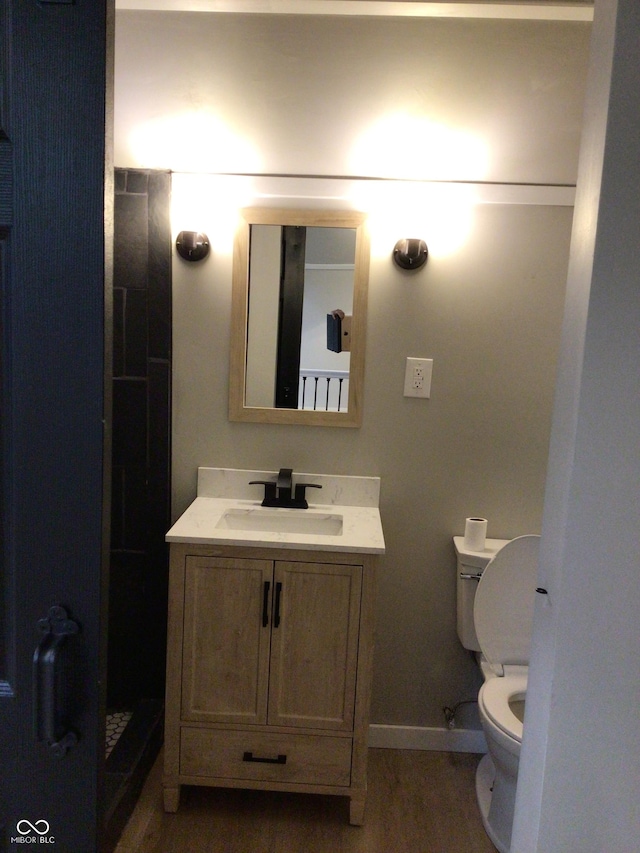 bathroom featuring vanity, wood-type flooring, and toilet