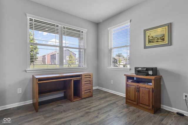 office area with baseboards and dark wood-style flooring