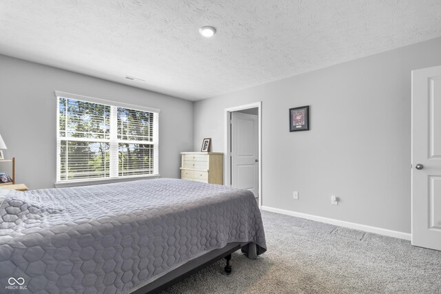 carpeted bedroom with a textured ceiling